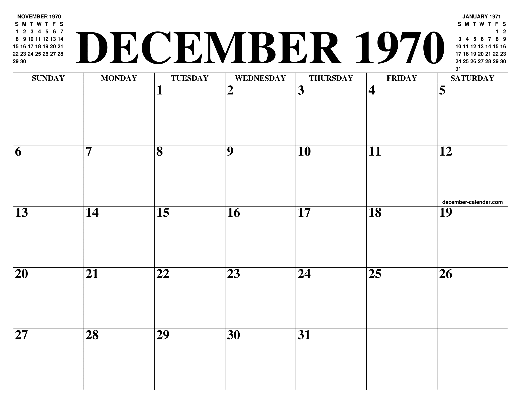DECEMBER 1970 CALENDAR OF THE MONTH: FREE PRINTABLE DECEMBER CALENDAR