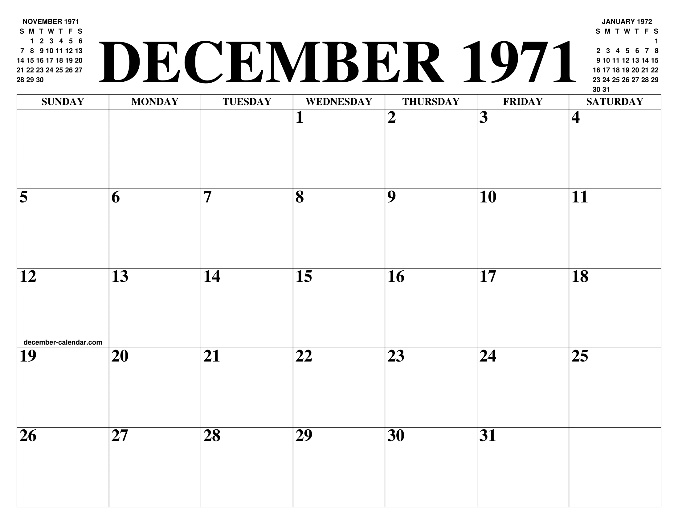 DECEMBER 1971 CALENDAR OF THE MONTH FREE PRINTABLE DECEMBER CALENDAR