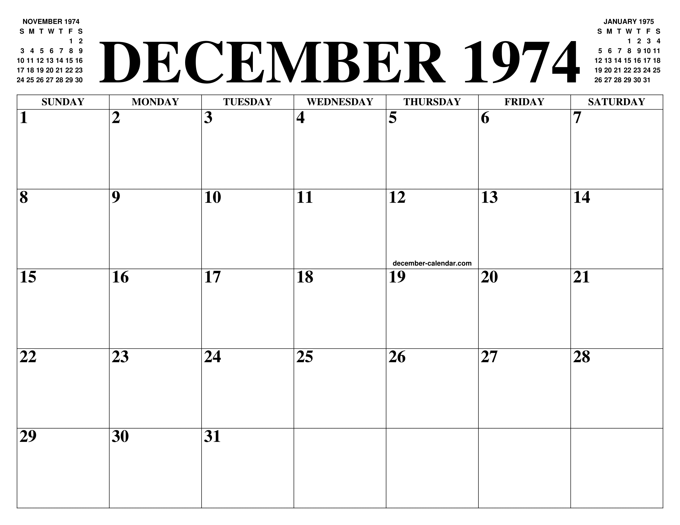 DECEMBER 1974 CALENDAR OF THE MONTH: FREE PRINTABLE DECEMBER CALENDAR