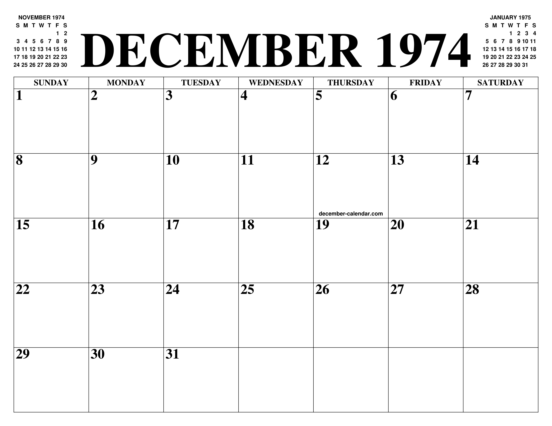 DECEMBER 1974 CALENDAR OF THE MONTH FREE PRINTABLE DECEMBER CALENDAR 