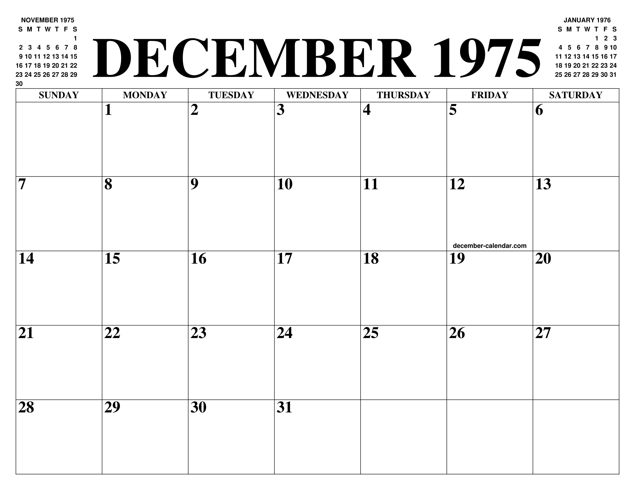 DECEMBER 1975 CALENDAR OF THE MONTH: FREE PRINTABLE DECEMBER CALENDAR