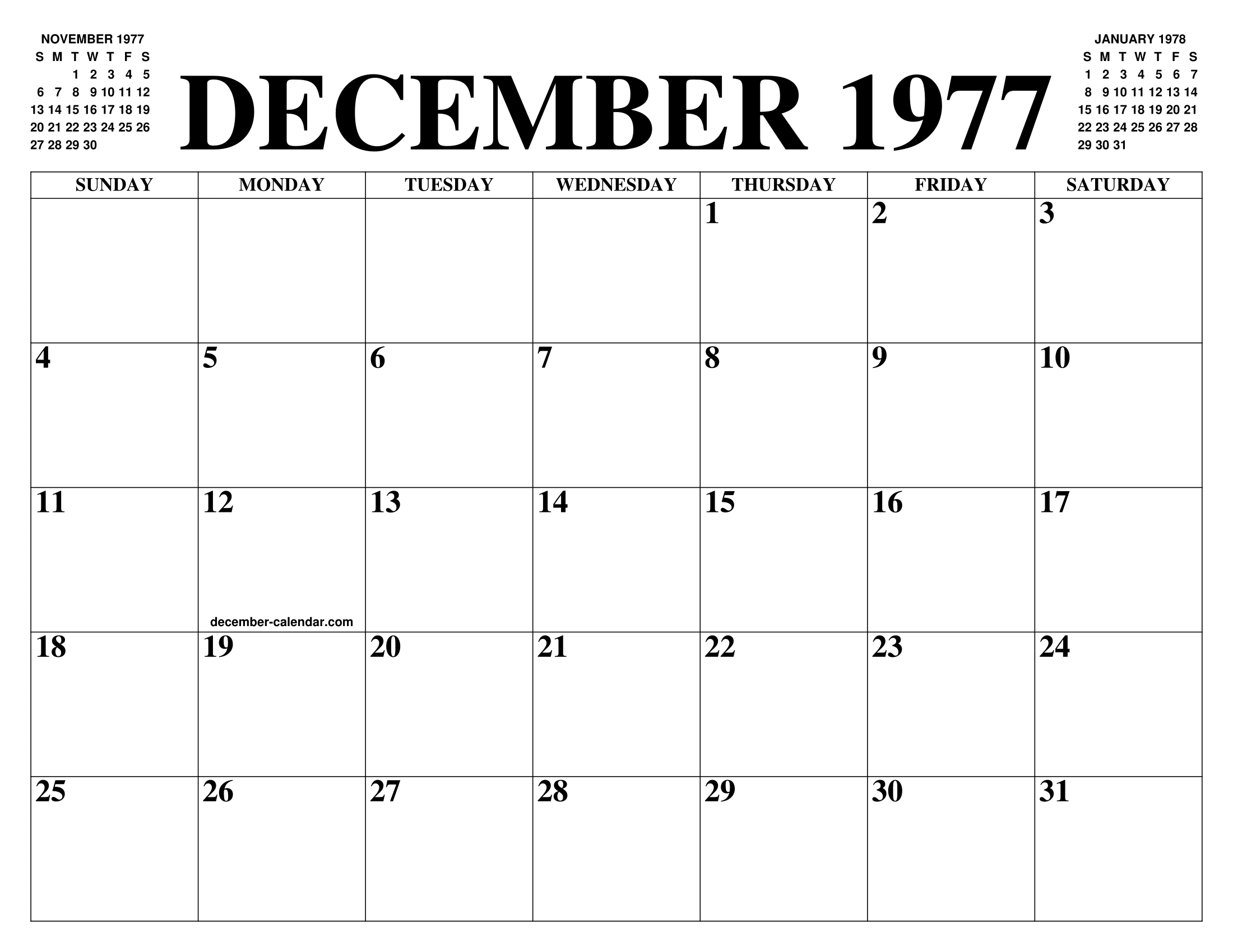 DECEMBER 1977 CALENDAR OF THE MONTH: FREE PRINTABLE DECEMBER CALENDAR
