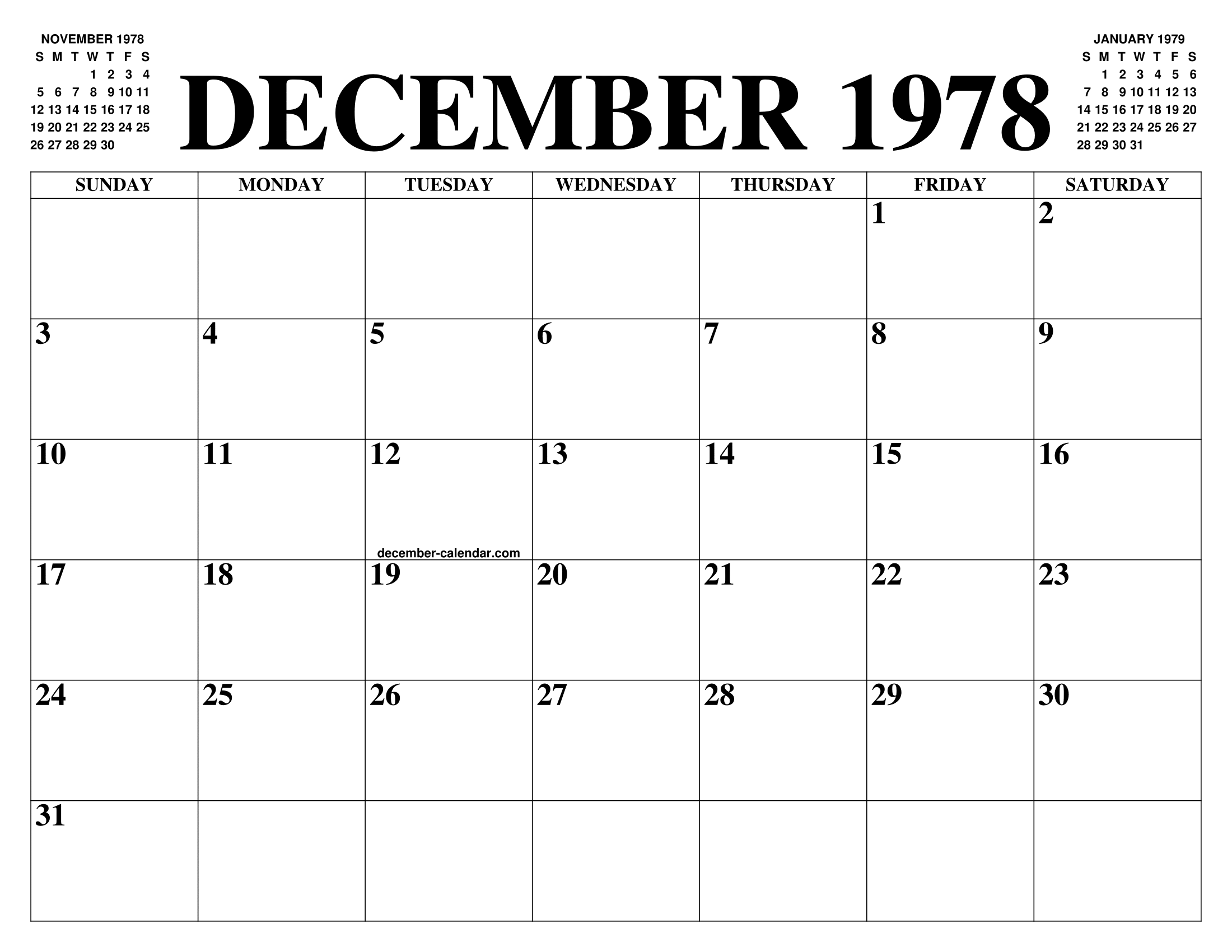 DECEMBER 1978 CALENDAR OF THE MONTH: FREE PRINTABLE DECEMBER CALENDAR