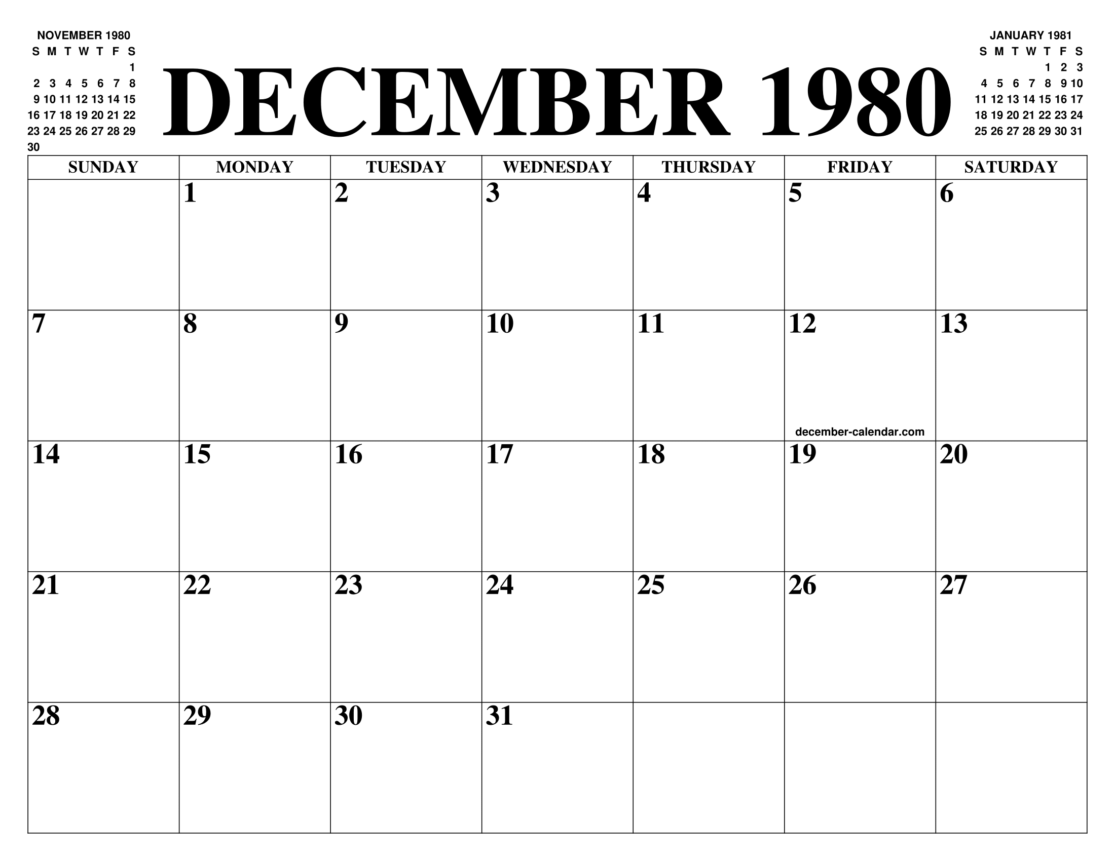DECEMBER 1980 CALENDAR OF THE MONTH: FREE PRINTABLE DECEMBER CALENDAR