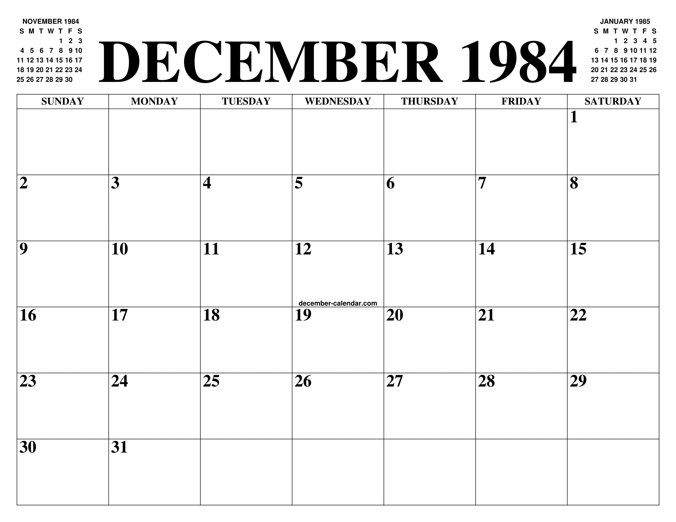 DECEMBER 1984 CALENDAR OF THE MONTH: FREE PRINTABLE DECEMBER CALENDAR
