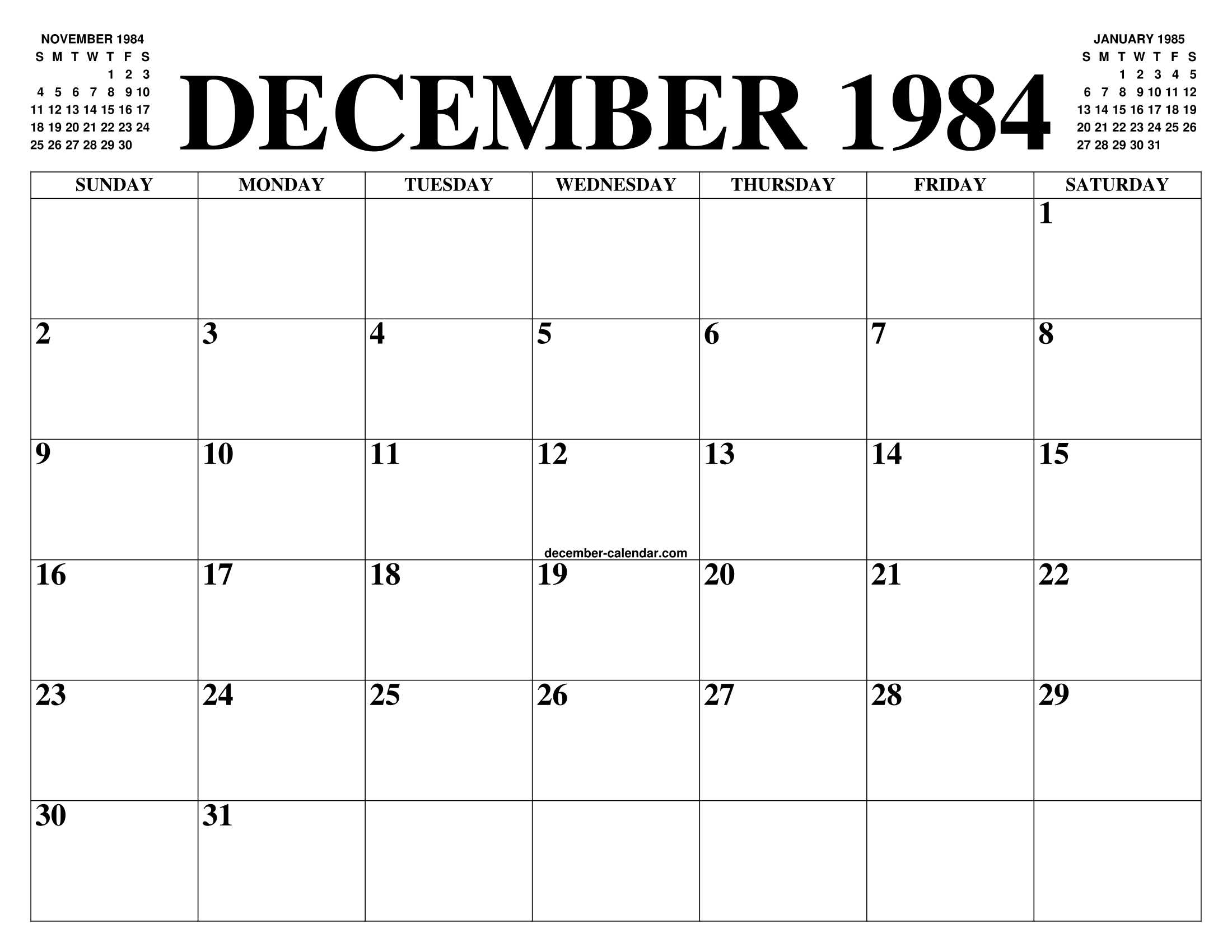 DECEMBER 1984 CALENDAR OF THE MONTH FREE PRINTABLE DECEMBER CALENDAR 