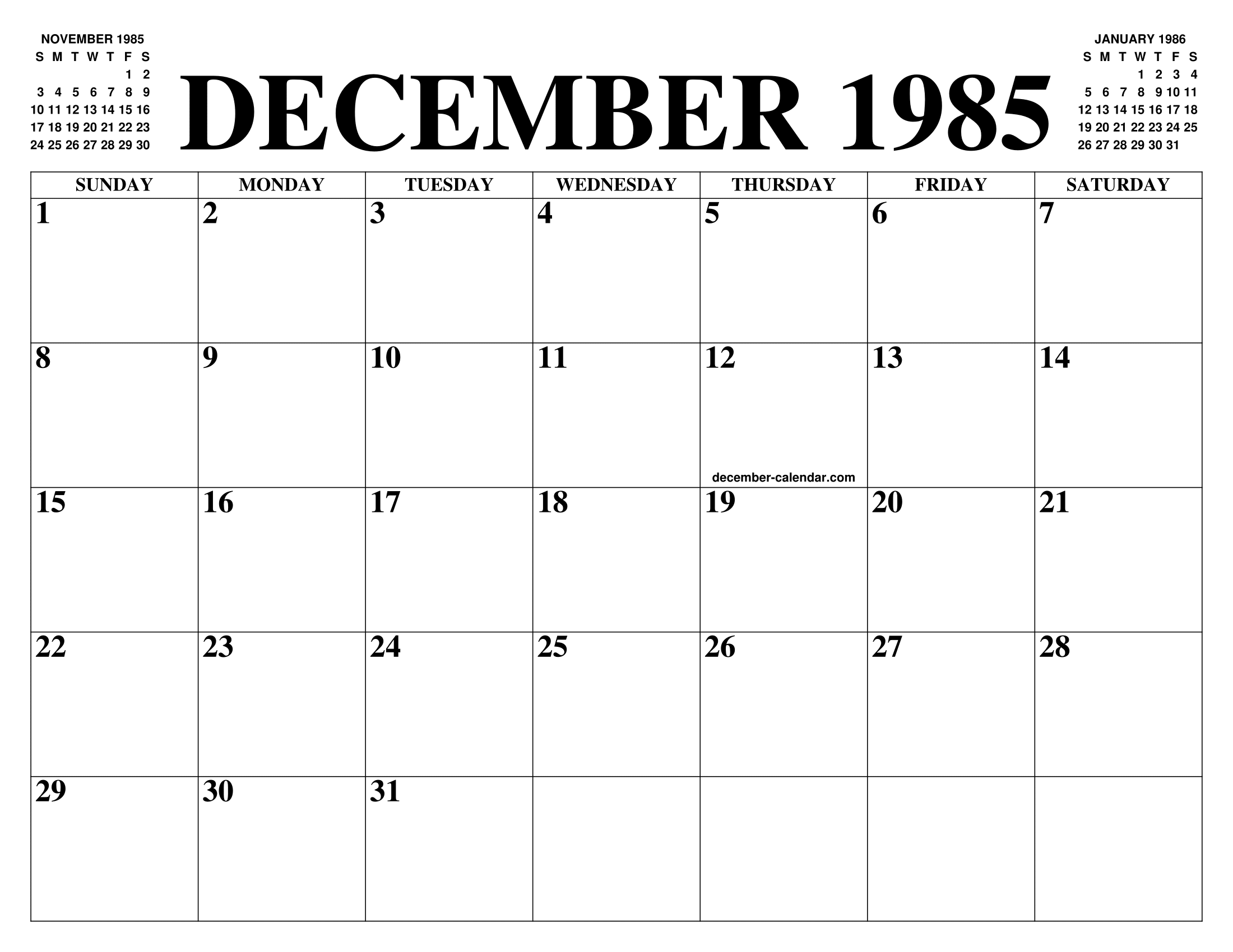 DECEMBER 1985 CALENDAR OF THE MONTH FREE PRINTABLE DECEMBER CALENDAR