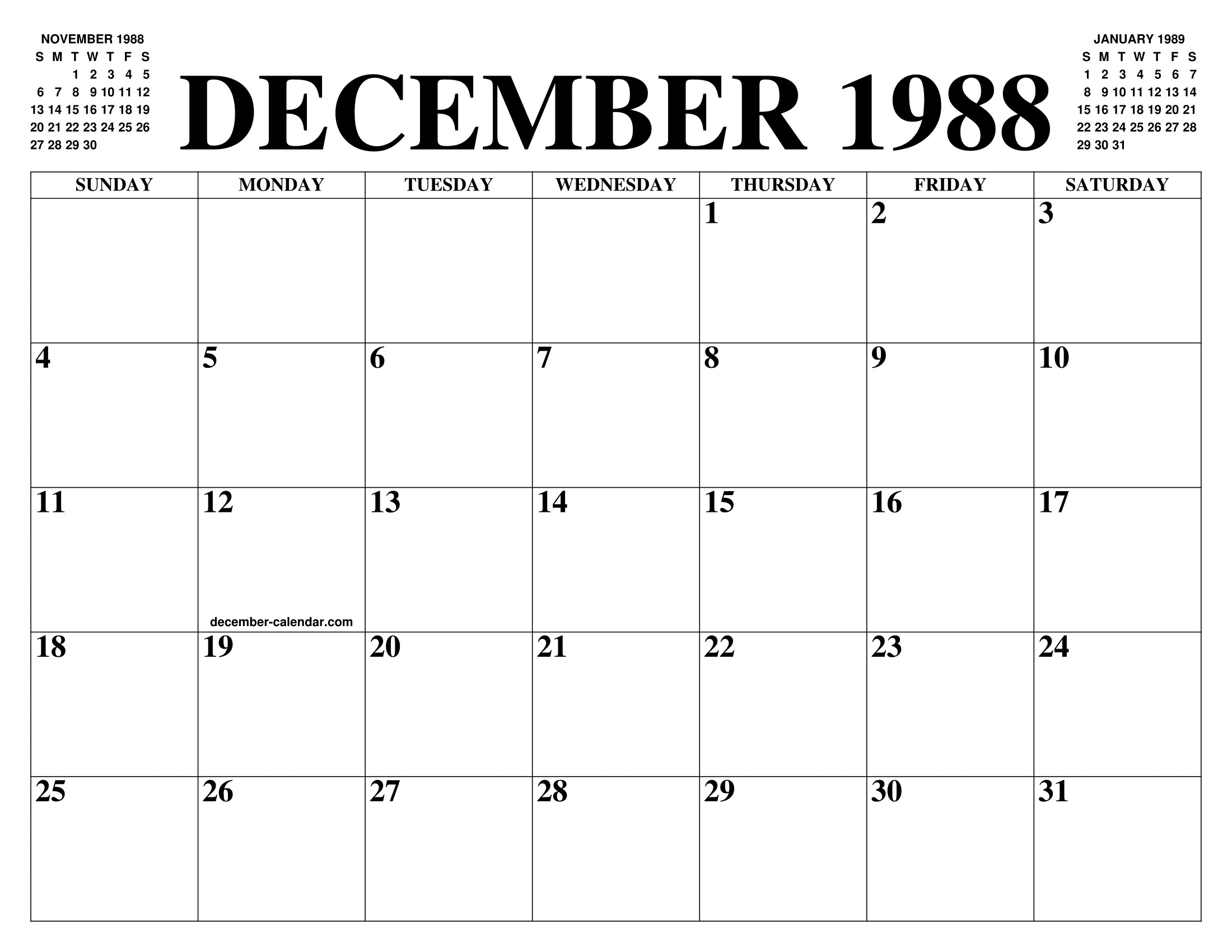 DECEMBER 1988 CALENDAR OF THE MONTH FREE PRINTABLE DECEMBER CALENDAR 