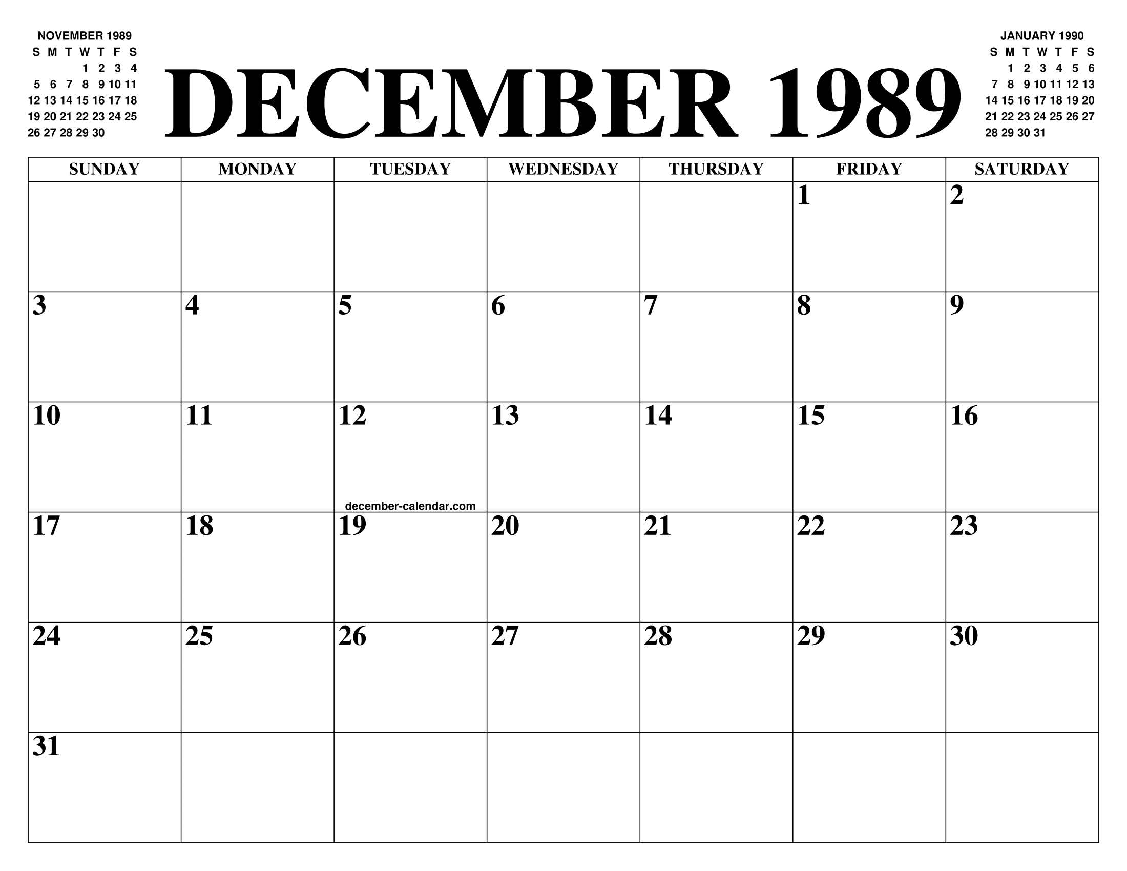 DECEMBER 1989 CALENDAR OF THE MONTH: FREE PRINTABLE DECEMBER CALENDAR