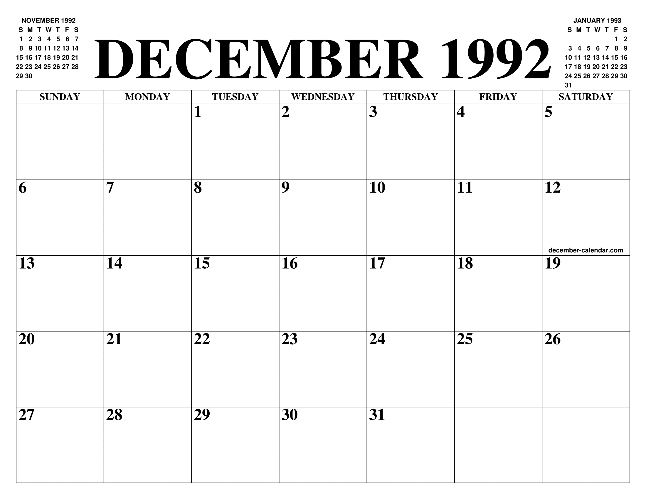 DECEMBER 1992 CALENDAR OF THE MONTH: FREE PRINTABLE DECEMBER CALENDAR