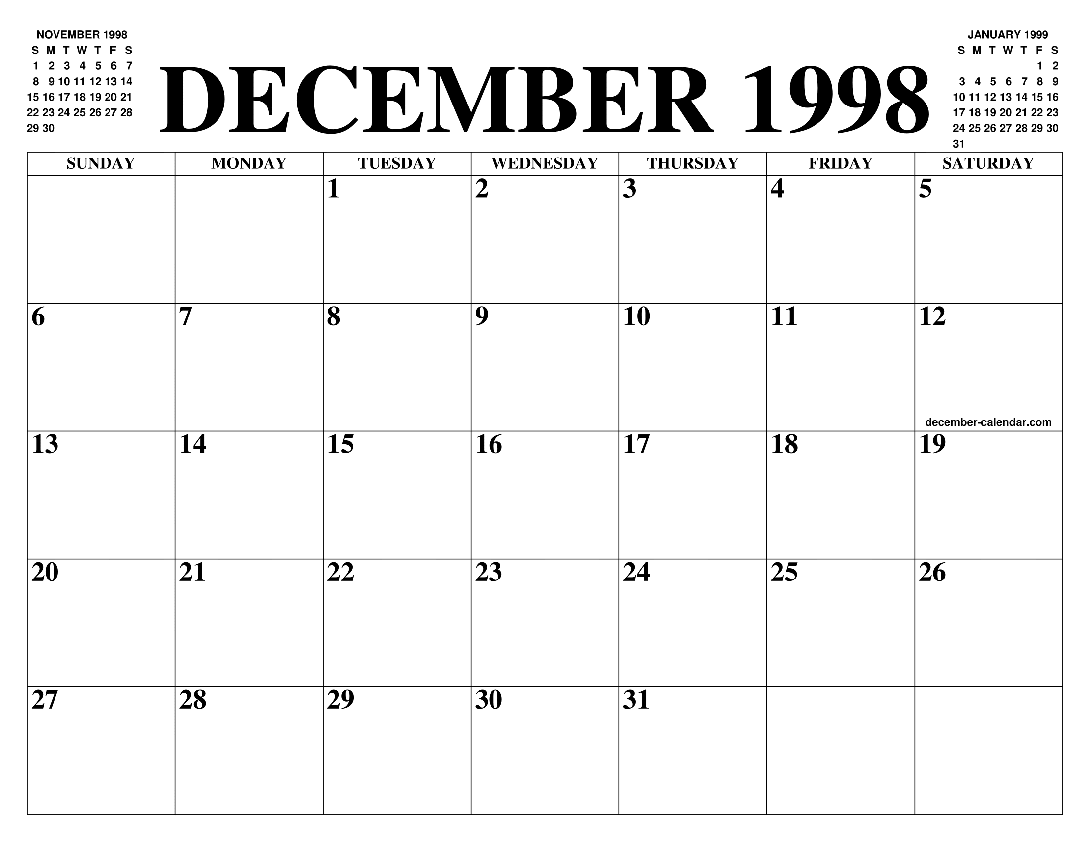 DECEMBER 1998 CALENDAR OF THE MONTH FREE PRINTABLE DECEMBER CALENDAR