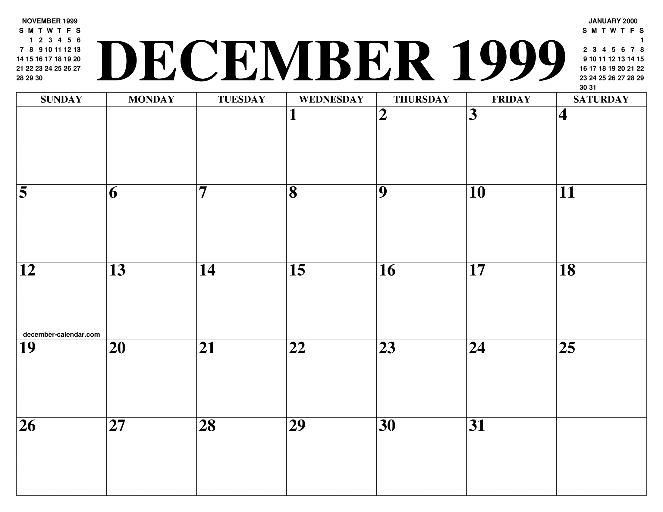 DECEMBER 1999 CALENDAR OF THE MONTH: FREE PRINTABLE DECEMBER CALENDAR