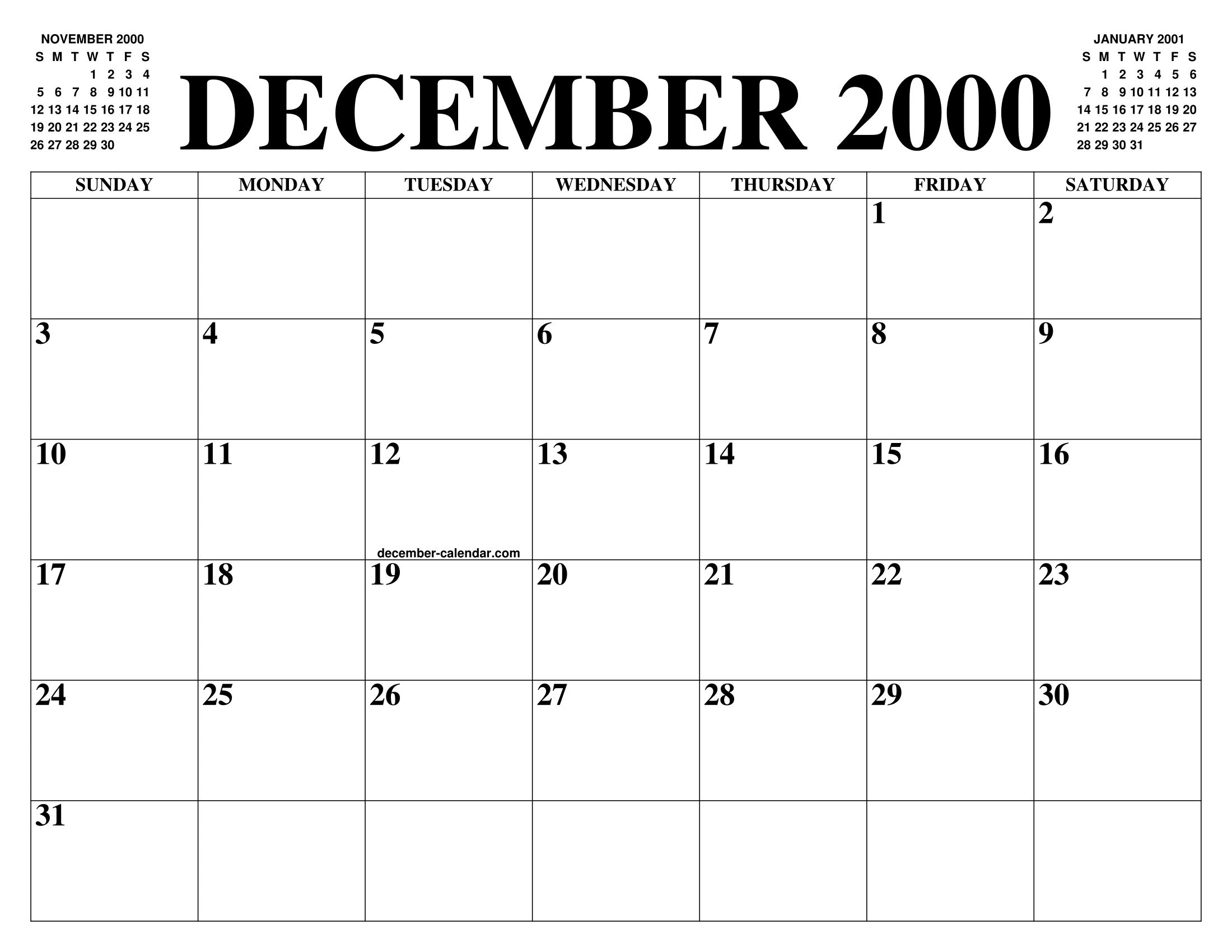 DECEMBER 2000 CALENDAR OF THE MONTH: FREE PRINTABLE DECEMBER CALENDAR
