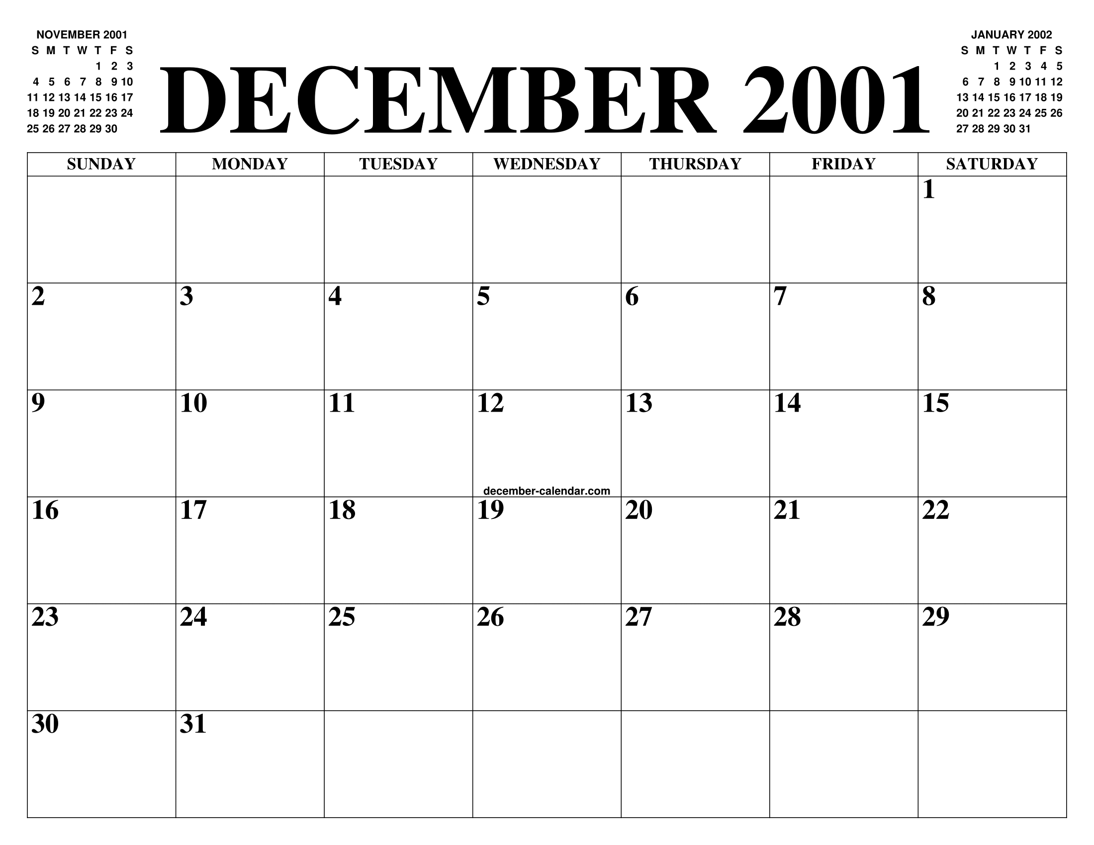 DECEMBER 2001 CALENDAR OF THE MONTH FREE PRINTABLE DECEMBER CALENDAR 