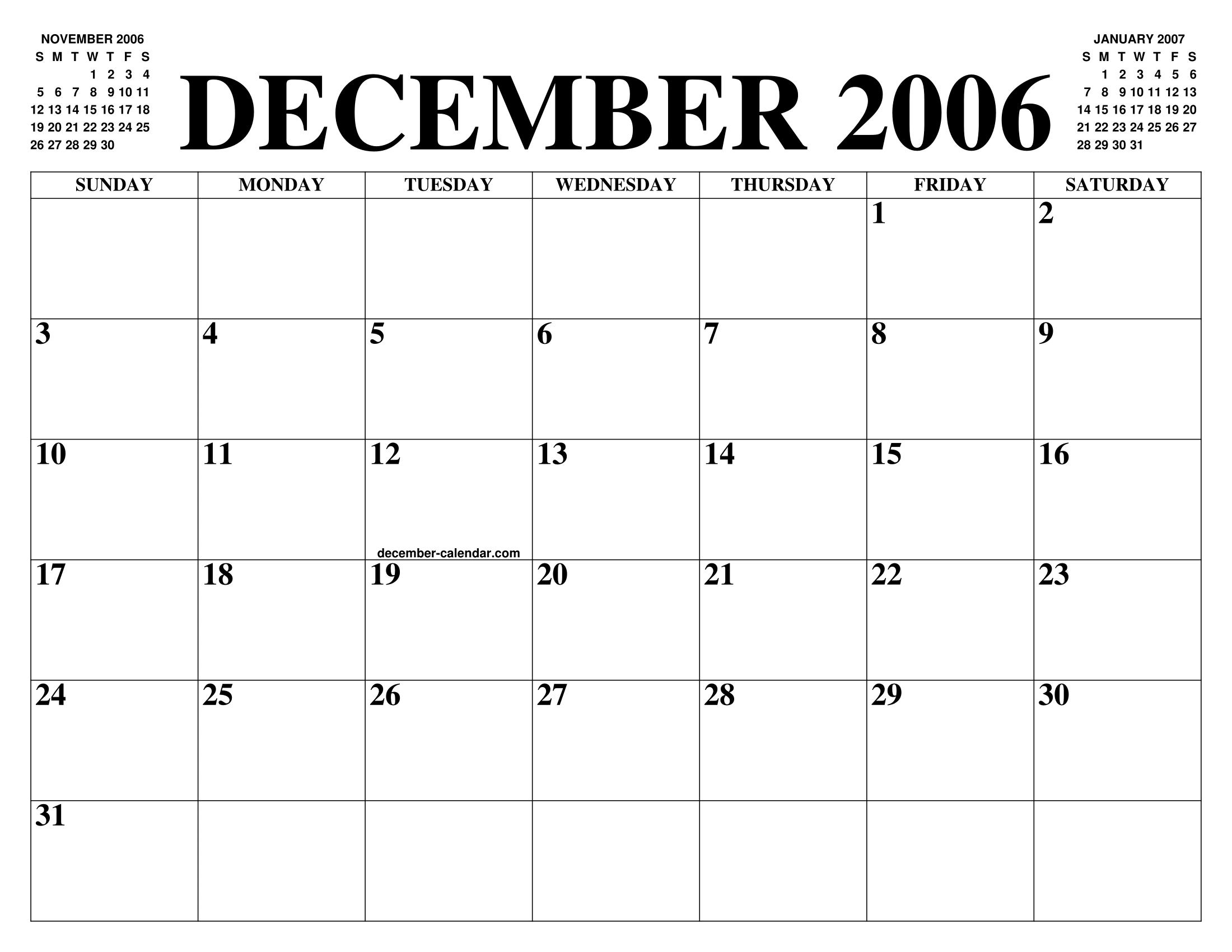 DECEMBER 2006 CALENDAR OF THE MONTH: FREE PRINTABLE DECEMBER CALENDAR OF THE YEAR - AGENDA