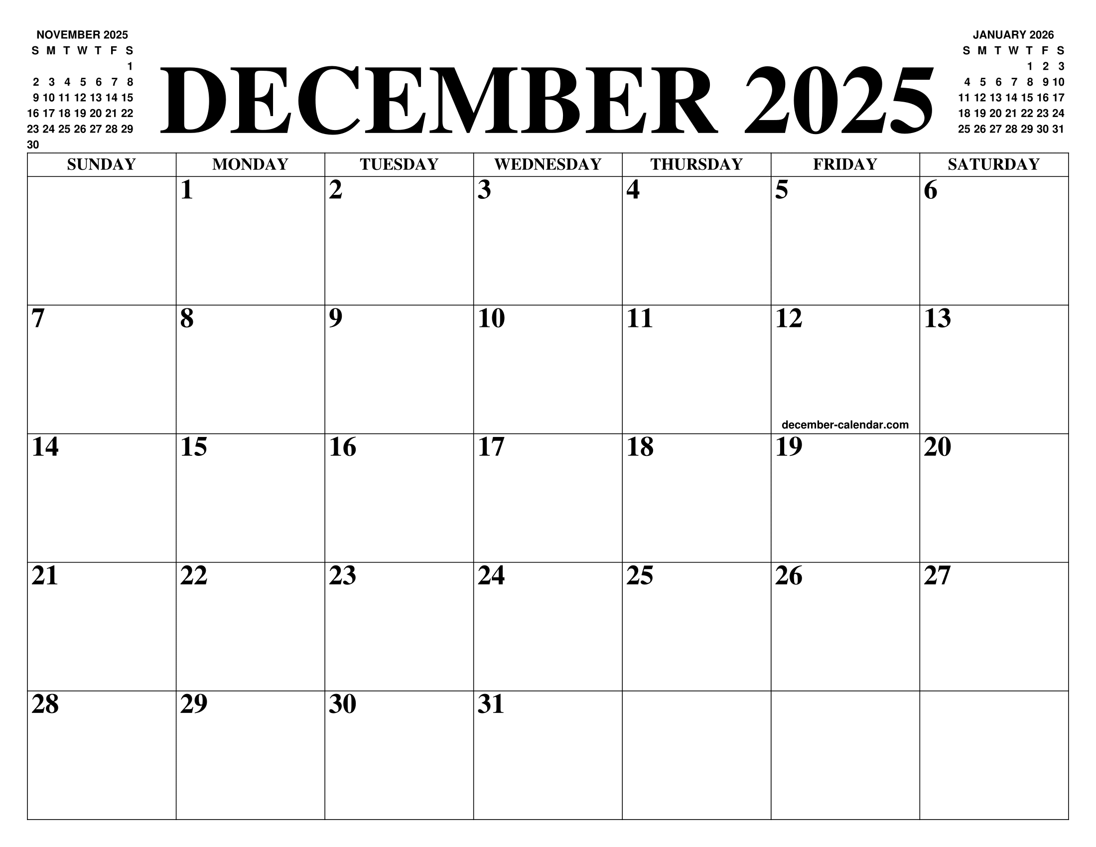 DECEMBER 2025 CALENDAR OF THE MONTH: FREE PRINTABLE DECEMBER CALENDAR