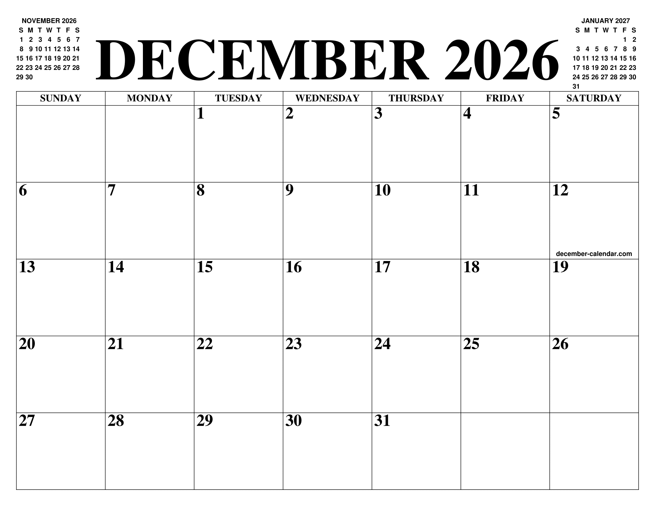 DECEMBER 2026 CALENDAR OF THE MONTH FREE PRINTABLE DECEMBER CALENDAR