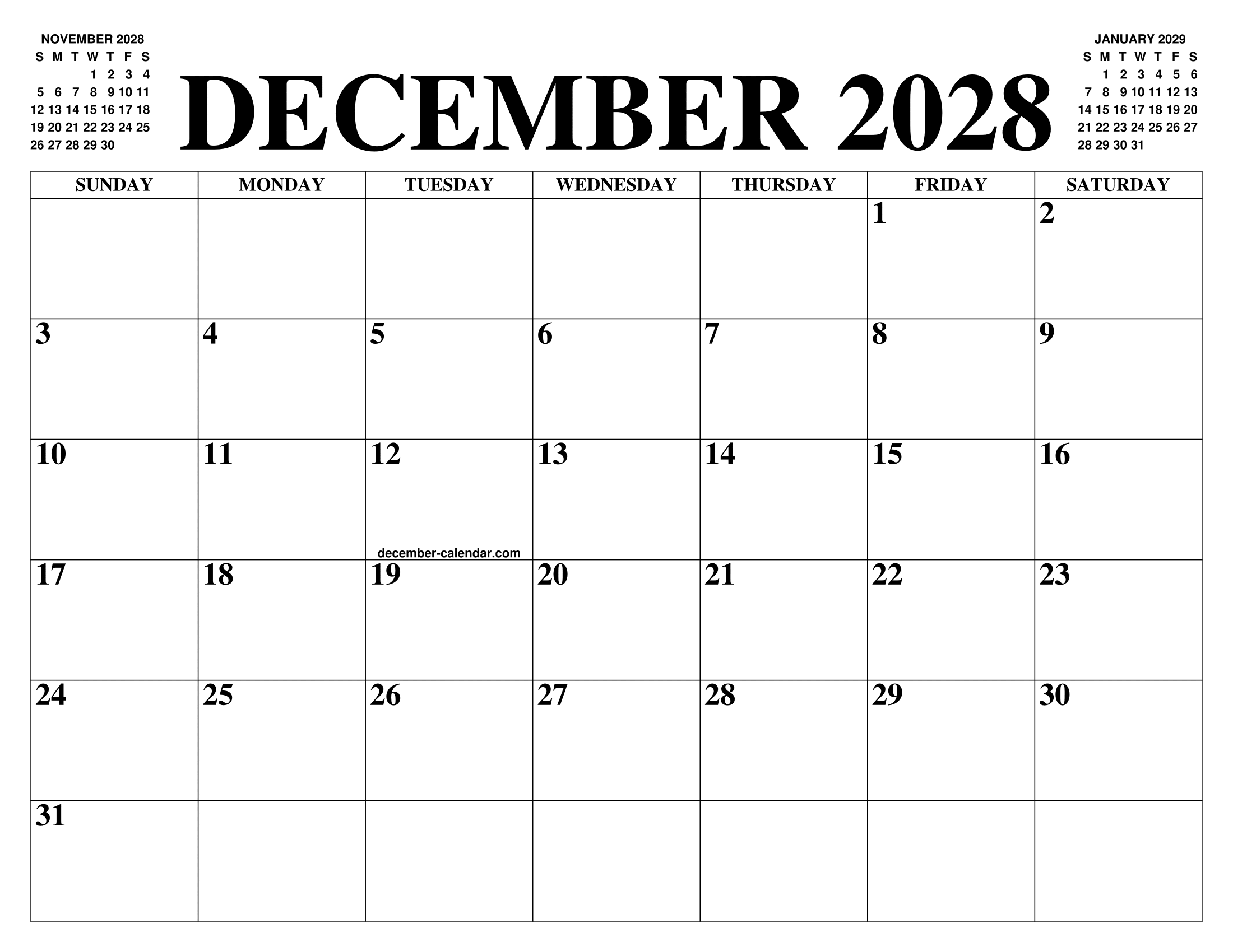 December 2028 Calendar Of The Month Free Printable December Calendar