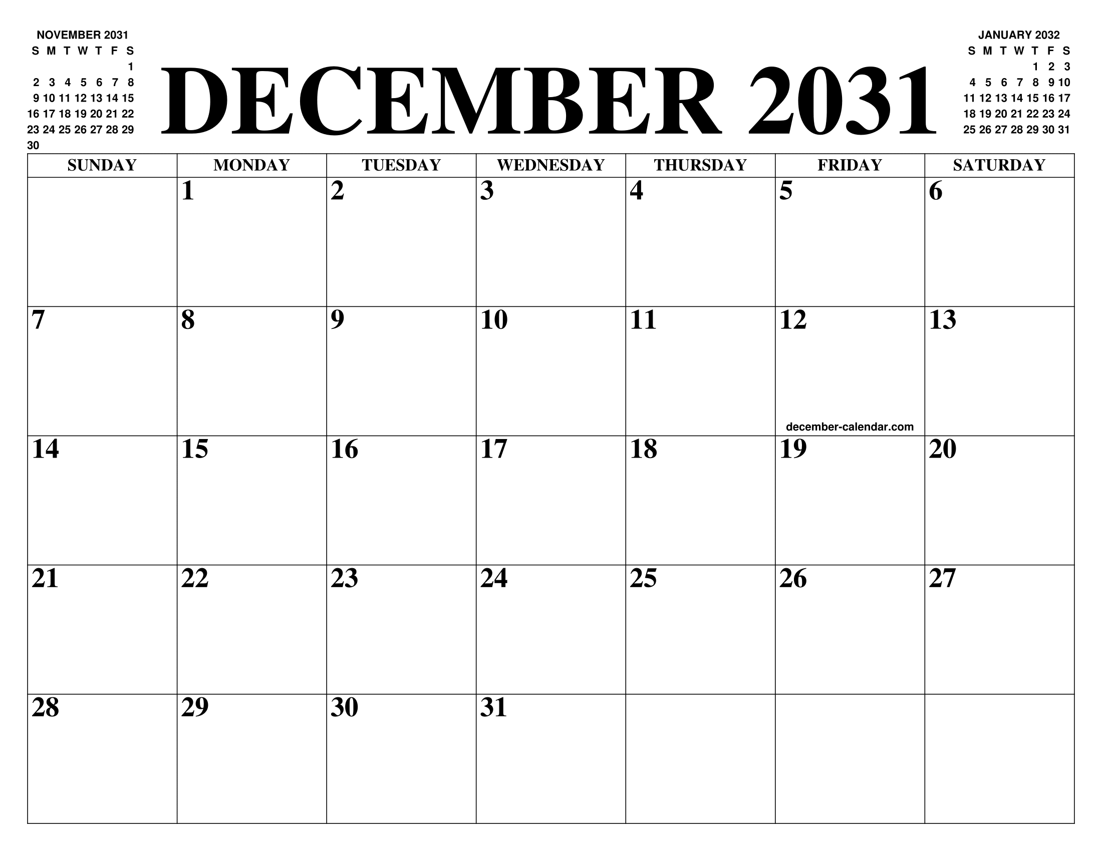 DECEMBER 2031 CALENDAR OF THE MONTH: FREE PRINTABLE DECEMBER CALENDAR DECEMBER 2031 CALENDAR OF THE MONTH: FREE PRINTABLE DECEMBER CALENDAR