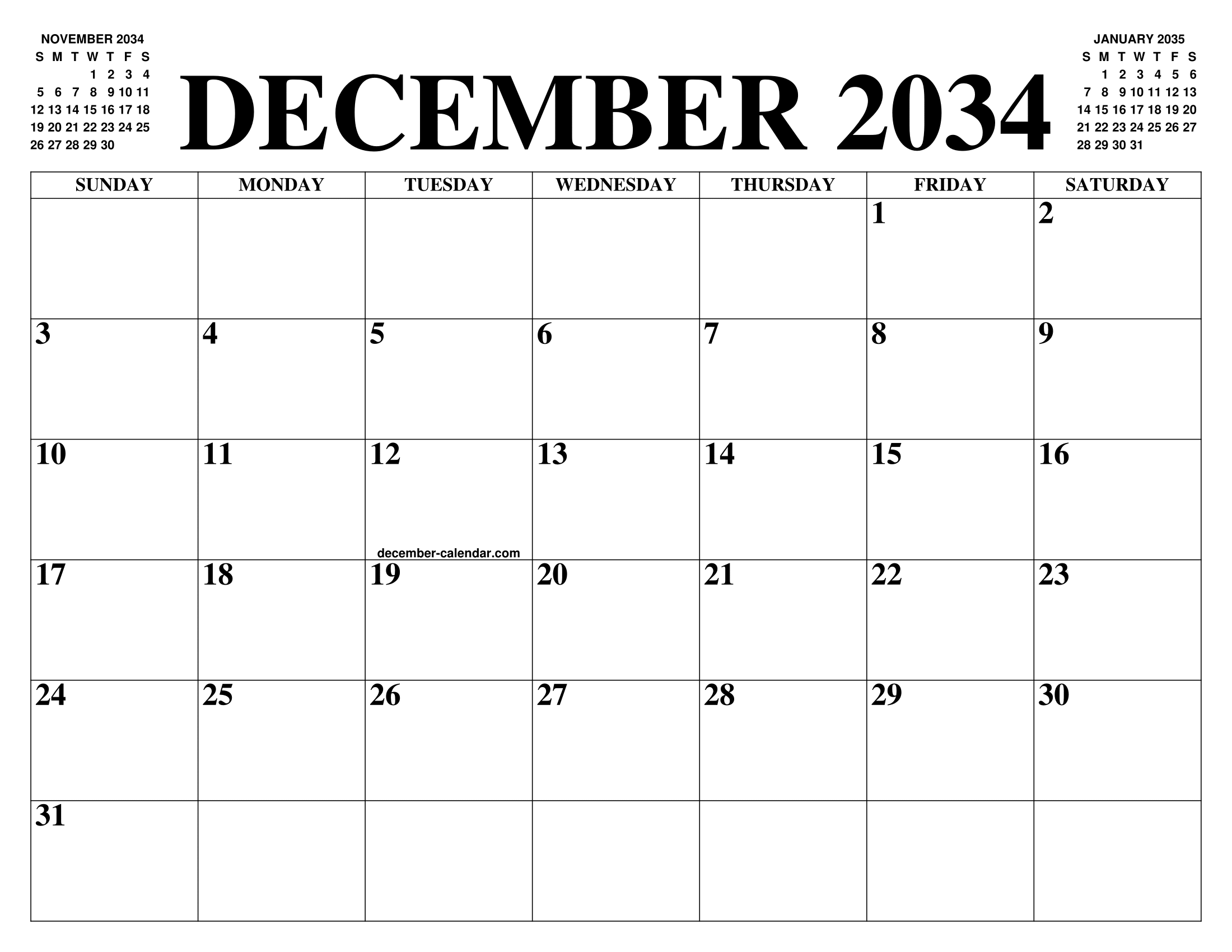 DECEMBER 2034 CALENDAR OF THE MONTH FREE PRINTABLE DECEMBER CALENDAR 