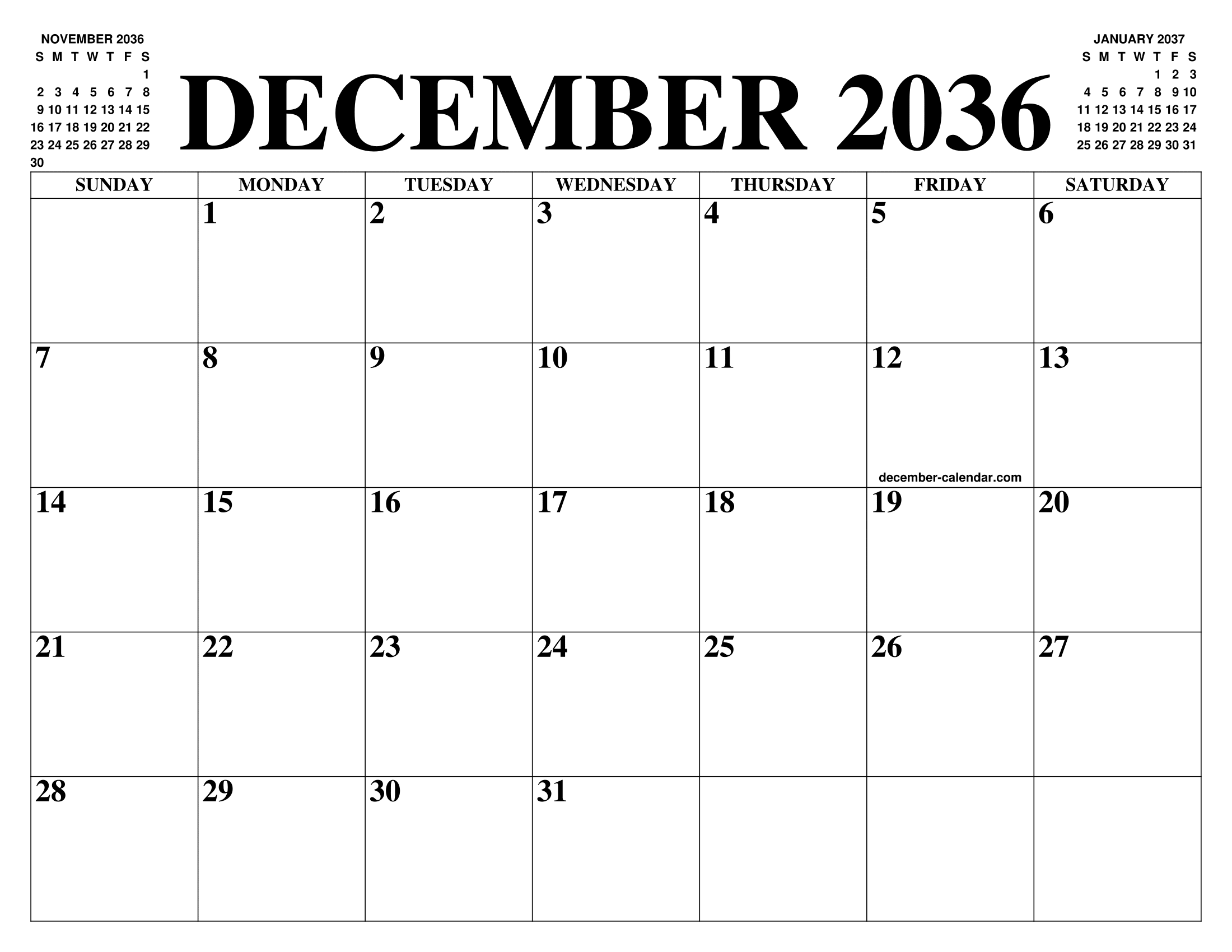 DECEMBER 2036 CALENDAR OF THE MONTH FREE PRINTABLE DECEMBER CALENDAR